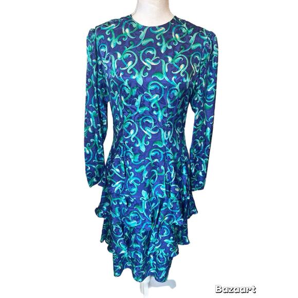 Carolyne Barton Dress Silk Size 10 Colorful Pattern Long Sleeve Blue/green - Picture 1 of 5
